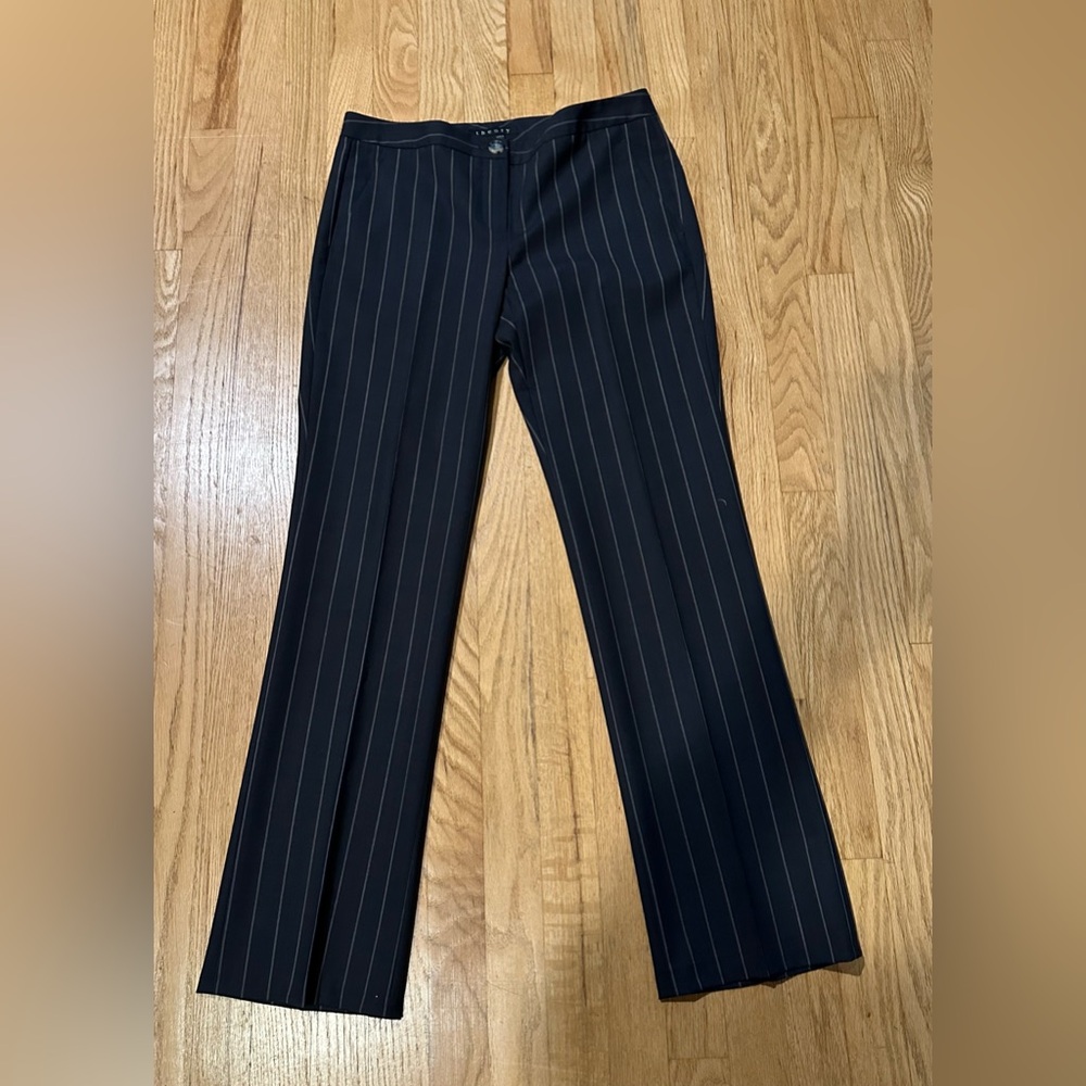 Theory Dark Navy Rosel Mid Rise Pinstripe Stretch Wool Straight Leg Trousers (6)
